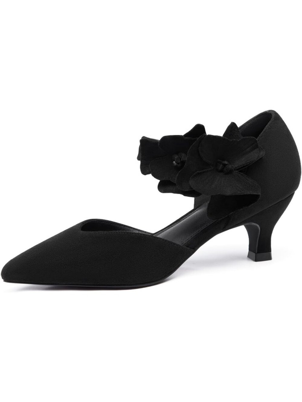 Women's Suede Black Low Kitten Heels Closed Toe Flower Slip on Formal Heel Pumps